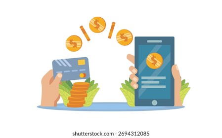 Ilustración vectorial del concepto de transferencia de dinero digital que muestra las manos utilizando un teléfono inteligente y una tarjeta de crédito para el pago en línea, la banca móvil y las transacciones financieras en un diseño plano moderno.