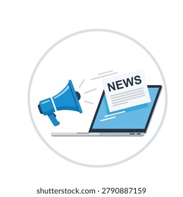 Vector illustration of a digital news concept featuring a blue megaphone and a laptop screen with a news article, representing online media, press releases, and digital marketing communication.
