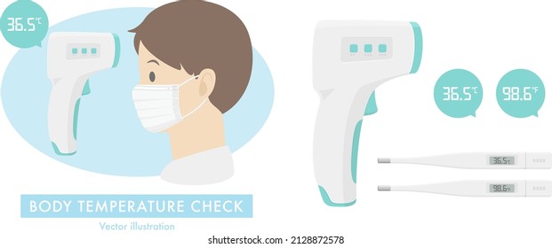 Vector illustration of digital non-contact infrared thermometer and electronic thermometer. A man wearing surgical face mask is checking his body temperature.