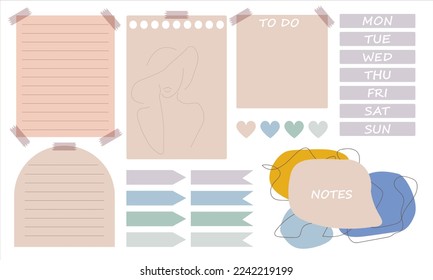 Vector illustration Digital Notes stickers, days of the week, paperless Bullet journal in pastel colors minimalist