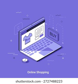 Ilustración vectorial con compras digitales en línea con una computadora portátil que muestra un producto y compra Botón. Concepto isométrico para comercio electrónico, comercio móvil y venta minorista en línea.