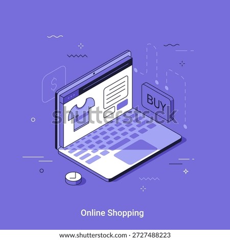 Vector illustration with Digital online shopping with a laptop showing a product and buy button. Isometric concept for e-commerce, mobile commerce and online retail.
