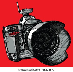 Vector illustration of digital professional camera (hand drawing)