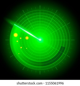 Vector Illustration digital realistic abstract military search system radar with targets in action on monitor. Navigation interface, Navy sonar.