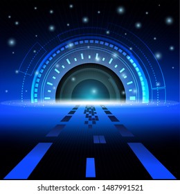 Vector Illustration of digital screen, with shapes, lines, circle, dots, ring, square, slanting lines and star. Abstract technology business of motion, Futuristic technology on dark blue background.