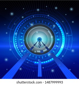 Vector Illustration of digital screen, with shapes, lines, circle, dots, ring, square, slanting lines and star. Abstract technology business of motion, Futuristic technology on dark blue background