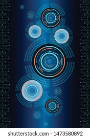 Vector Illustration of digital with shapes, lines, dots, rign, square  and line neon, blue and gray colors. Abstract technology business of numeric binary code motion, on blue background screen. 