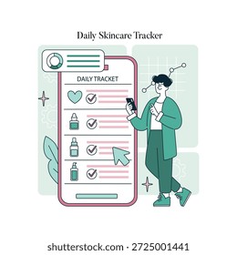Vektorgrafik eines digitalen Hautpflege-Trackers mit einer Person, die ihre Routine auf einem Smartphone überprüft. Bietet Checkliste Elemente wie Feuchtigkeitscremes und Seren auf einem großen Bildschirm angezeigt.