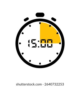 Vector illustration of a digital stopwatch showing 15 minutes countdown, isolated on white background. Ideal for UI, apps, infographics, or education.