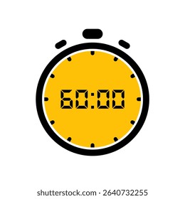 Vector illustration of a digital stopwatch showing 60 minutes countdown, isolated on white background. Ideal for UI, apps, infographics, or education.