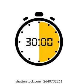 Vector illustration of a digital stopwatch showing 30 minutes countdown, isolated on white background. Ideal for UI, apps, infographics, or education.