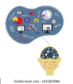Vector illustration of a digital stress and burnout of modern people. Man is overwhelmed with data, information, media, feels depression, headache and unhappy