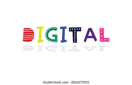 Vektorgrafik Digital Text Design-Vorlage, mit einem künstlerischen und ungestörten Design, ausgestattet mit einem Schatten am unteren Rand des Textes bestehend aus einer Mischung aus verschiedenen Farben.