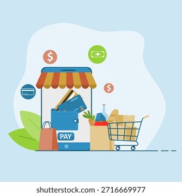 Ilustración vectorial de la billetera digital para compras en línea