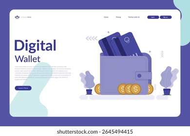 Ilustración vectorial de una página de Web de billetera digital con tarjetas de crédito, monedas y diseño moderno en colores púrpura, azul y blanco