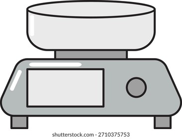 Ilustración vectorial de una balanza digital con plataforma circular y pantalla de visualización. Ideal para iconos de utensilios de cocina, herramientas de laboratorio, imágenes de medición y proyectos de diseño minimalista relacionados con la precisión
