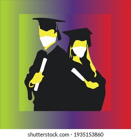 
Vector illustration, digitally created, Graduate couple with mask, Promotion 2021