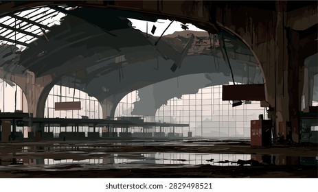 Vector Illustration of a Dilapidated Abandoned Grand Hall