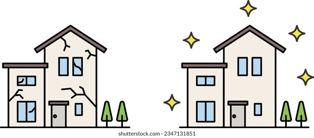 Vector Illustration of Dilapidated House and Shiny New Home