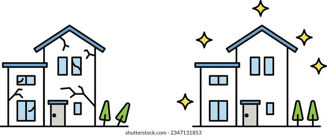 Vector Illustration of Dilapidated House and Shiny New Home