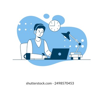 Vector illustration of a diligent student in headphones doing homework at home. A schoolboy in his room sitting at his desk and laptop and preparing for tomorrow and classes.