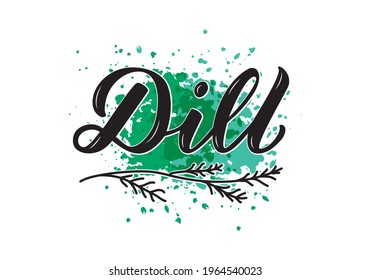 Vector illustration of dill lettering for packages, product design, banner, sticker, spice shop price list and  decoration. Handwritten word with scattered seeds for web or print
