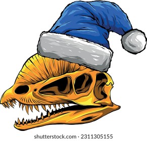 vector illustration of dilophosaurus skull with christmas hat