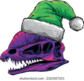 vector illustration of dilophosaurus skull with christmas hat