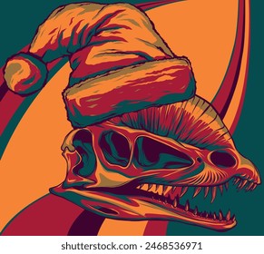 vector illustration of dilophosaurus skull with christmas hat