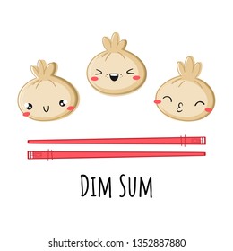 Vector illustration of Dim Sum. Emoji style, kawaii. Food in dough and chopsticks. eps 10.