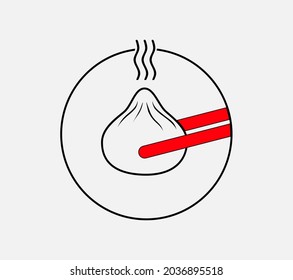 Vector illustration of dim sum and red chopsticks in circle on gray background.
