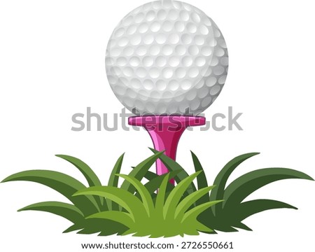 Vector illustration of a dimpled golf ball on a pink tee within green grass blades