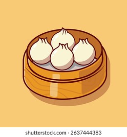 Vector illustration of dimsum on bamboo steamer isolated on orange background