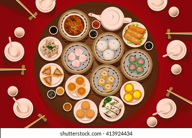 A vector illustration of dimsum on the table viewed from above