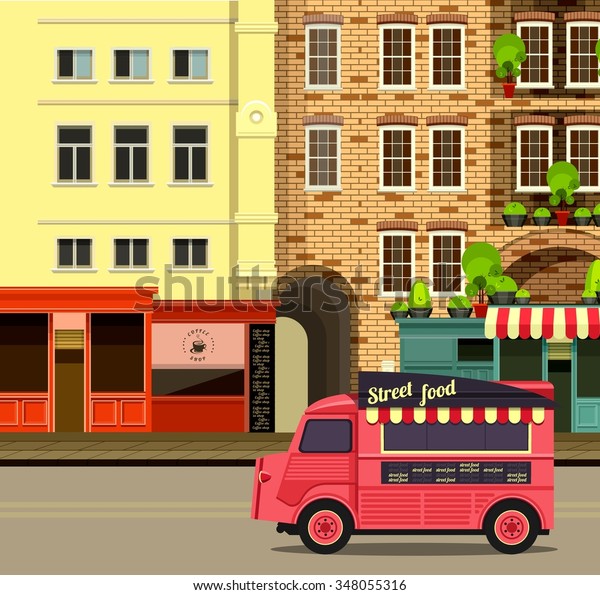 vector illustration diner on wheels on the bus on\
the background of the\
city