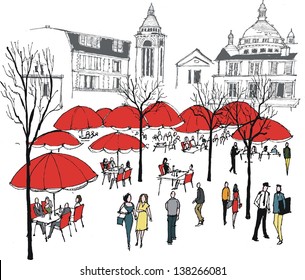 Vector illustration of diners at cafe restaurant near Montmartre, Paris France.