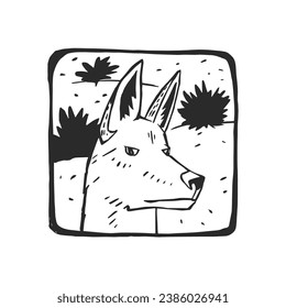 Vector illustration with a Dingo face on the background of nature. Hand-drawn sketch in a frame with Australian animal.