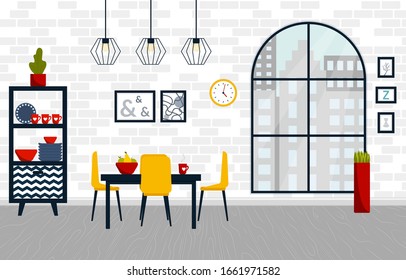 Vector illustration of dining room. Cozy interior with modern accessories