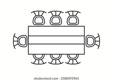 Vector illustration of a dining table with six chairs arranged in a formal setting, viewed from the top. Ideal for interior design layouts and home planning.