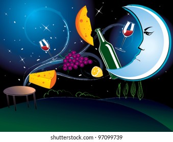 Vector illustration of the dinner in the moonlight with tasty food