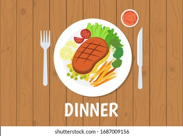 Vector illustration of dinner set on brown table wooden background