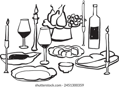 Ilustración vectorial de mesa con velas, vino, fruta y platos. Dibujo a mano de la cena. Ilustración minimalista. Ilustración para invitaciones, papelería, imprimibles, redes sociales