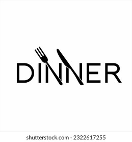 Vector illustration. Dinner word design with fork and knife symbol on letter N.