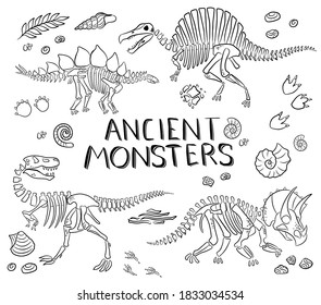 Vector illustration of dino fossiles of  jurassic and Cretaceou  period. Picture of ancient monsters with lettering.