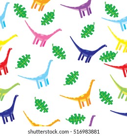 Vector illustration of dino and leaves seamless pattern