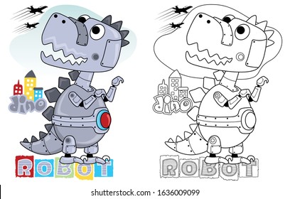 vector illustration of dino robot cartoon, coloring book or page