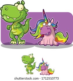 vector illustration of a Dino and unicorn cartoon.  