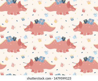 Vector illustration with dino's birthday party. Seamless pattern with dinosaur birthday. Cute cartoon dino character for kids. Dinosaur with gifts and confetti around. Pattern for fabric, kids good