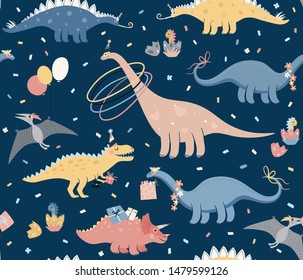 Vector illustration with dino's birthday party. Seamless pattern with dinosaur birthday. Cute cartoon dino character for kids. Dinosaur with gifts and confetti around. Pattern for fabric, kids good