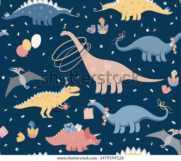 ディノの誕生日パーティーを持つベクターイラスト 恐竜の誕生日にシームレスなパターン 子ども向けのかわいい漫画のキャラクター 恐竜 とギフトと紙吹雪 布地の模様 子ども向け のベクター画像素材 ロイヤリティフリー